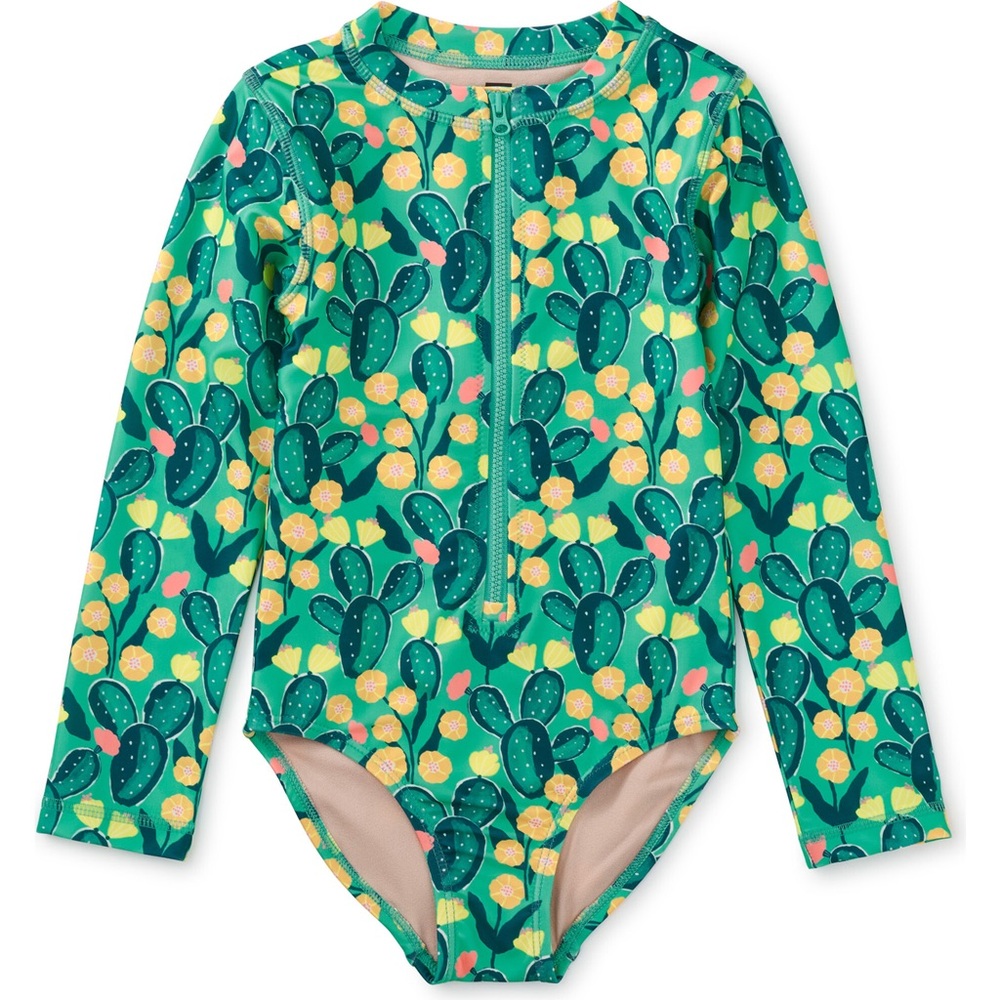 Tea Collection Long Sleeve Rashguard One-Piece Swimsuit, Cactus Floral, 6-9M